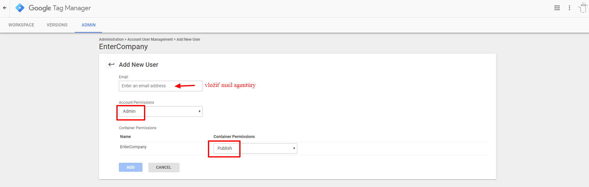 Pridanie agentúrneho mailu s admin právami a možnosťou publikovať