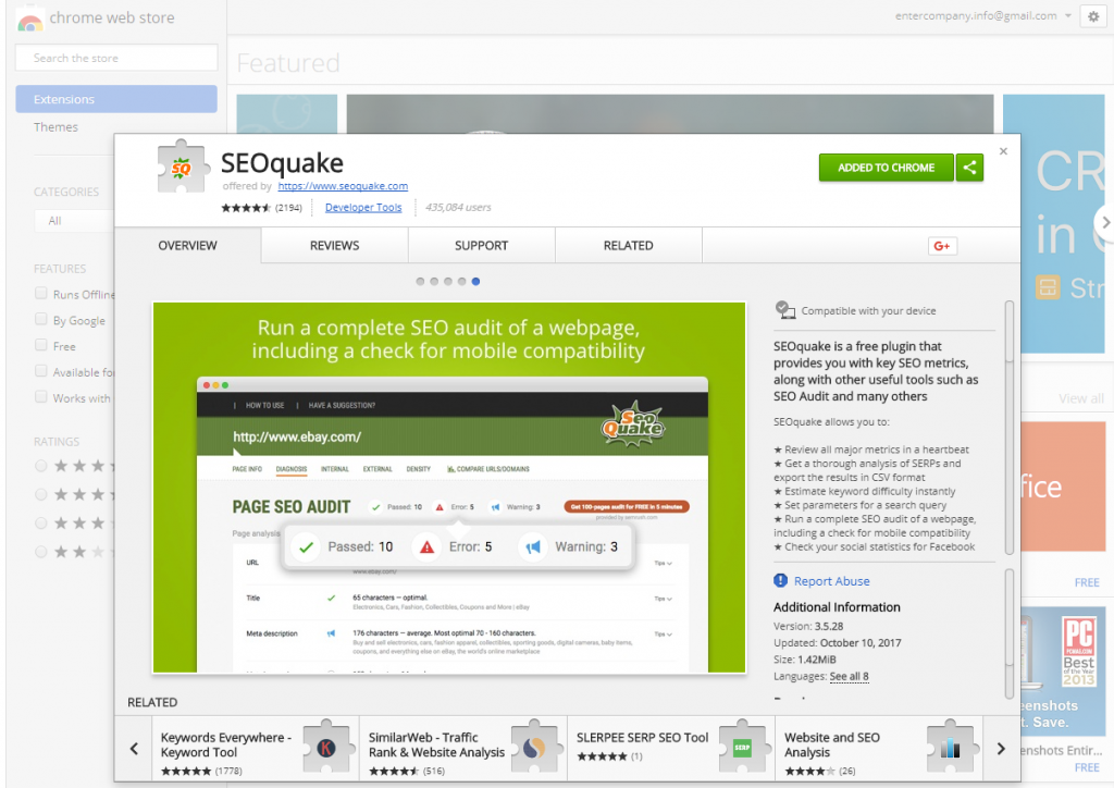 SEOquake diagnostika SEO Chrome widget