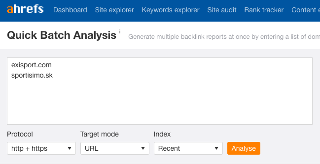 Ahref Batch analýza - pozrieš si spätné odkazy konkurentov